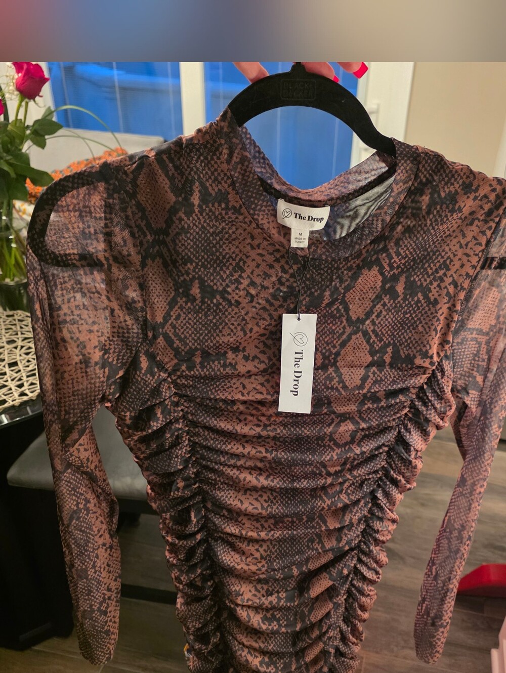 The Drop Women's Ruched Snake-Print Long Sleeve Dress - Brown/Black - Picture 3 of 5